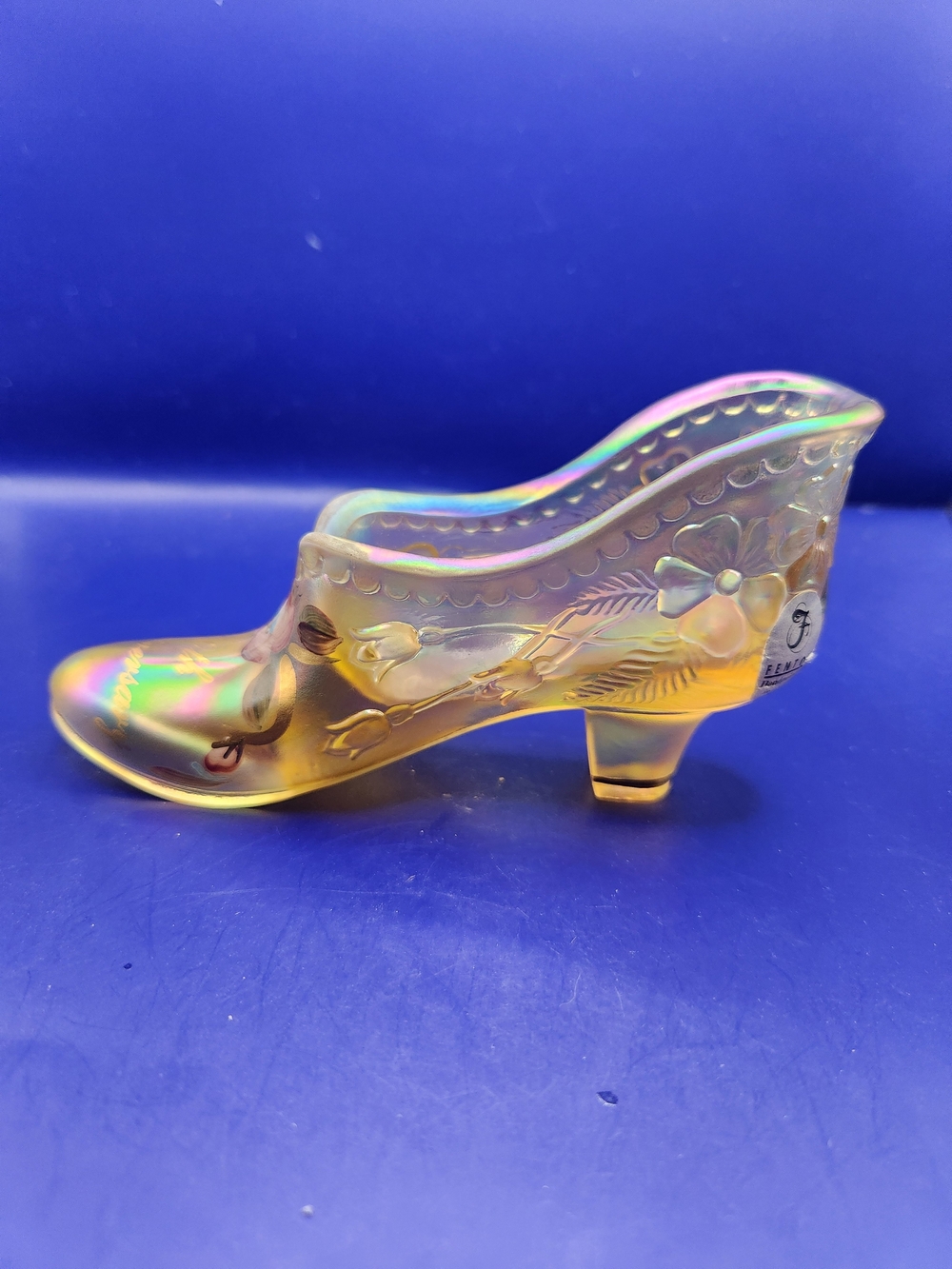 Fenton Amber Carnival Glass Slipper W/Floral Motif 50th Anniversary